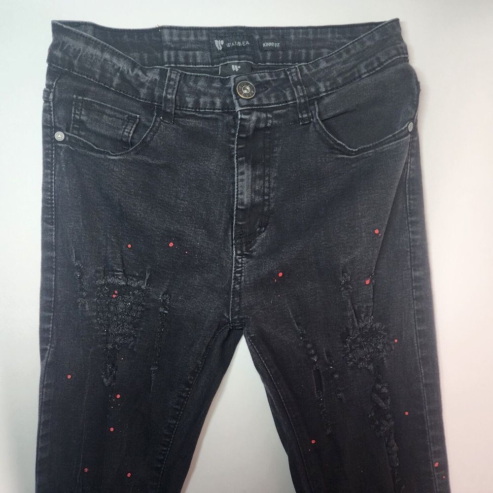 WAIMEA JEANS SKINNY FIT SIZE 32 BLACK WITH RED PAINT SPLATTER